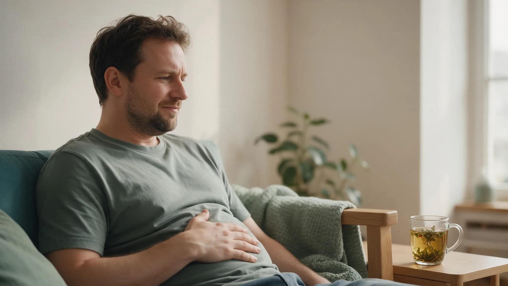 Mężczyzna siedzi na sofie z dłonią na brzuchu, obok kubek ziołowej herbaty