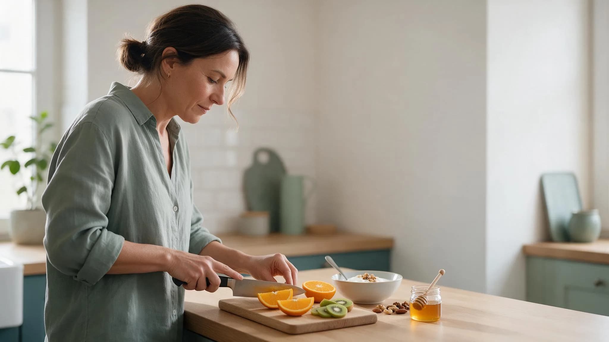 Kobieta kroi pomarańcze i kiwi w jasnej kuchni