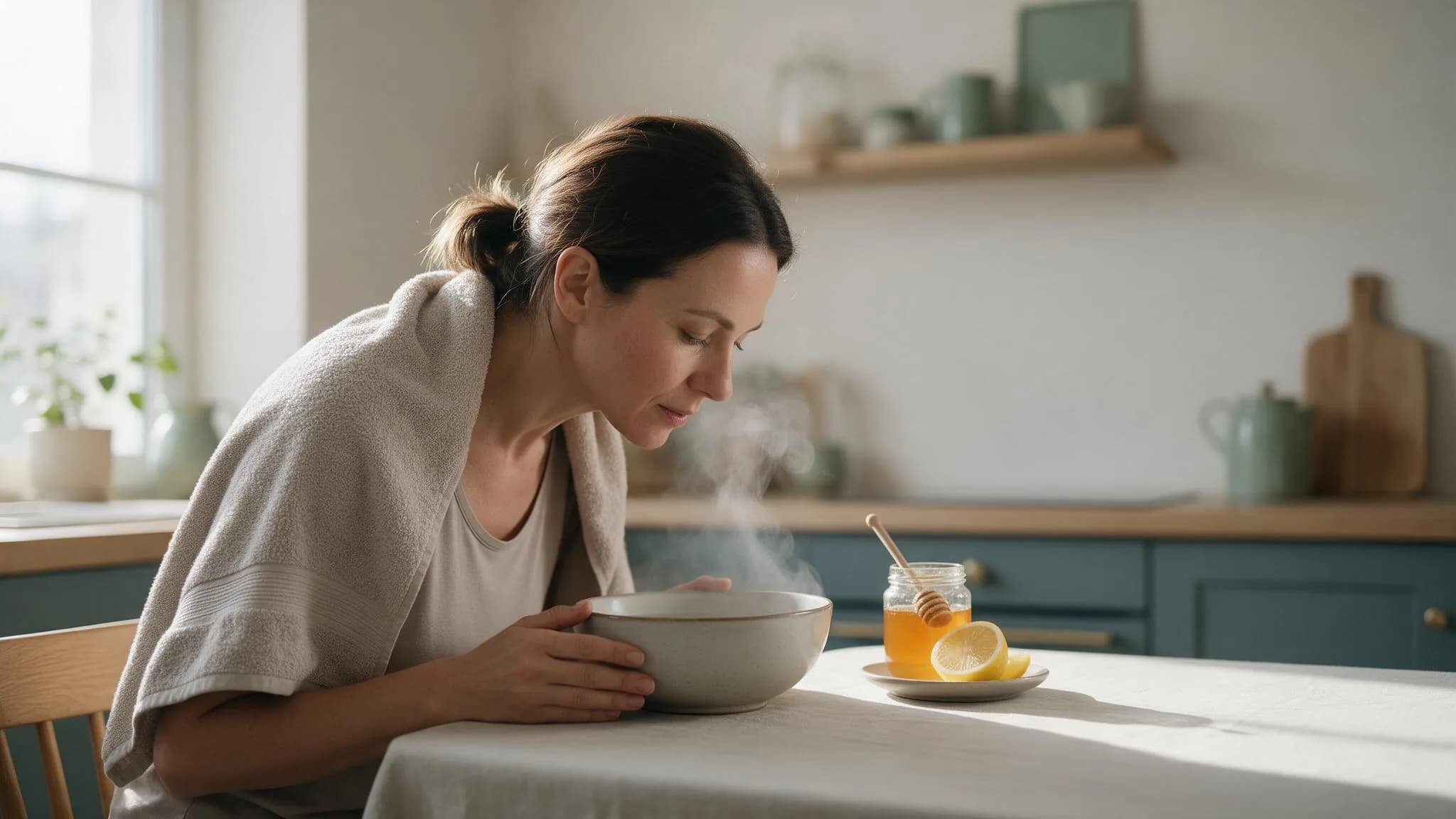 Kobieta robi inhalację nad miską z parującą wodą, obok miód i cytryna