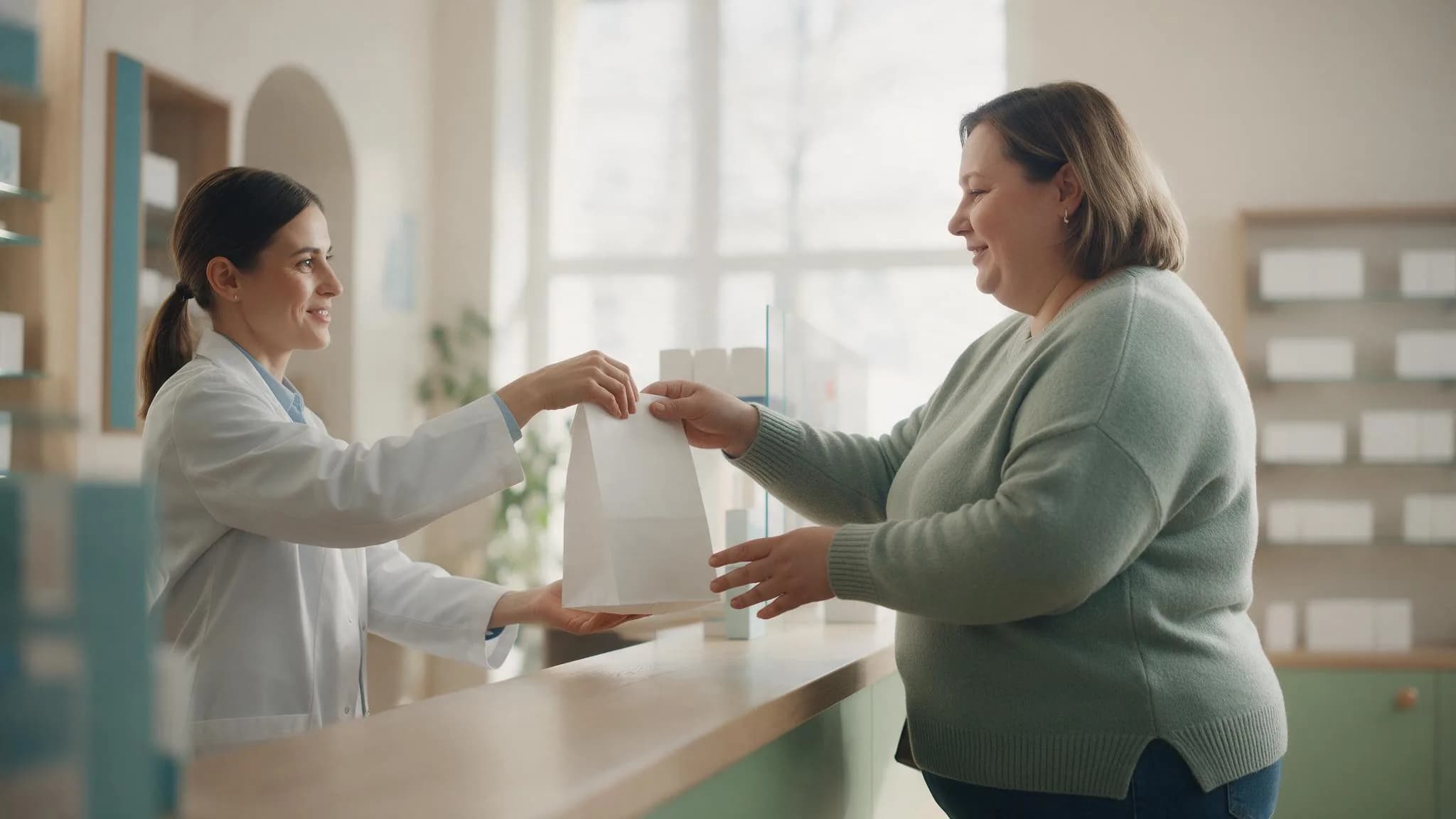 Farmaceutka podaje pacjentce torebkę z lekami przy ladzie w aptece