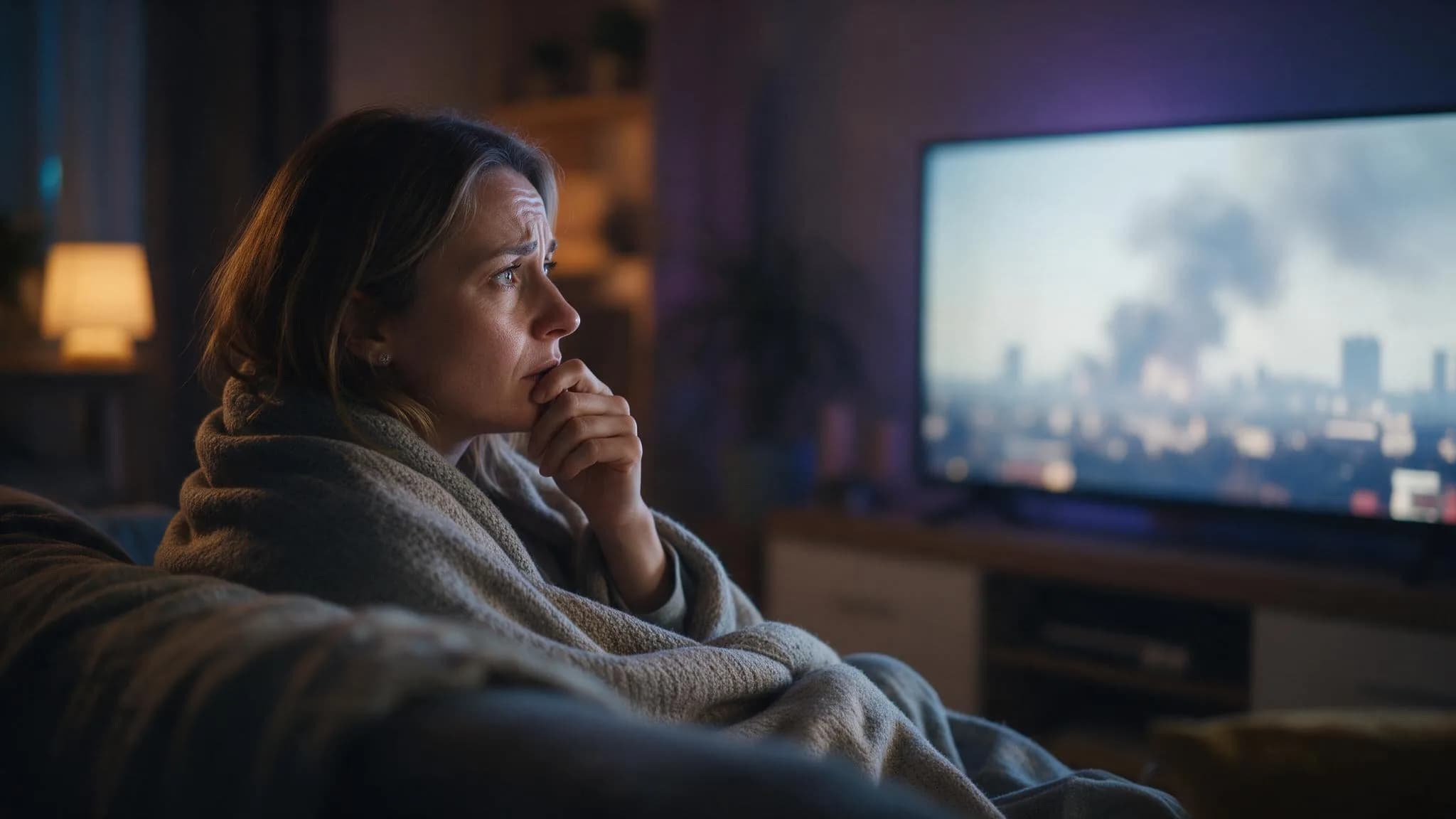 Kobieta pod kocem ogląda wieczorem wiadomości z dymem nad miastem w telewizji