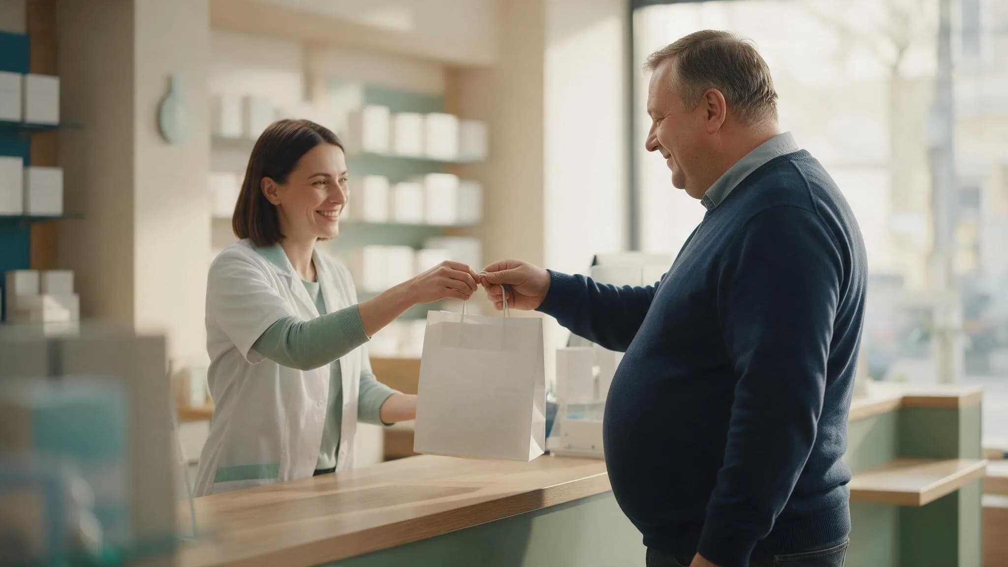 Farmaceutka wydaje pacjentowi leki na receptę w aptece