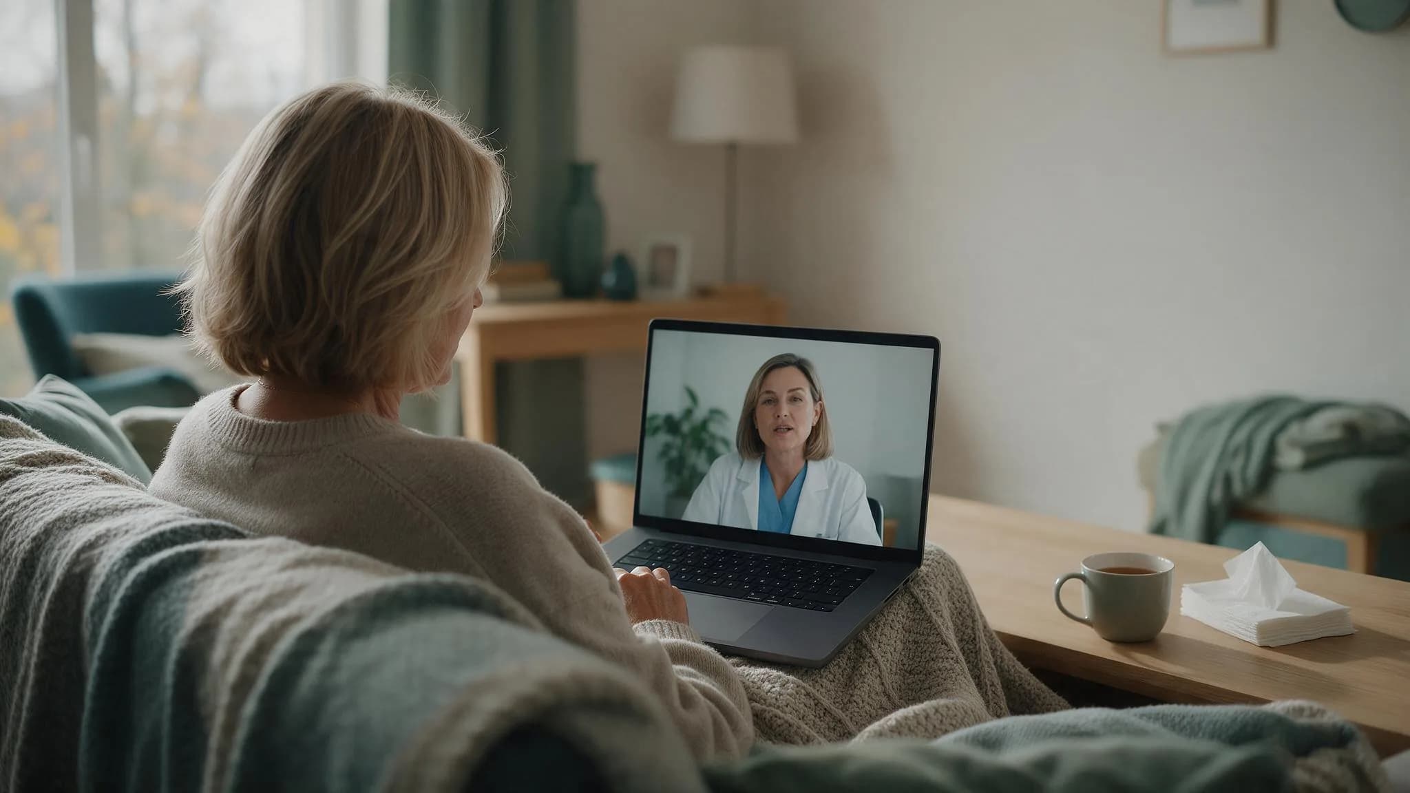 Kobieta pod kocem na sofie podczas wideokonsultacji z lekarką na laptopie