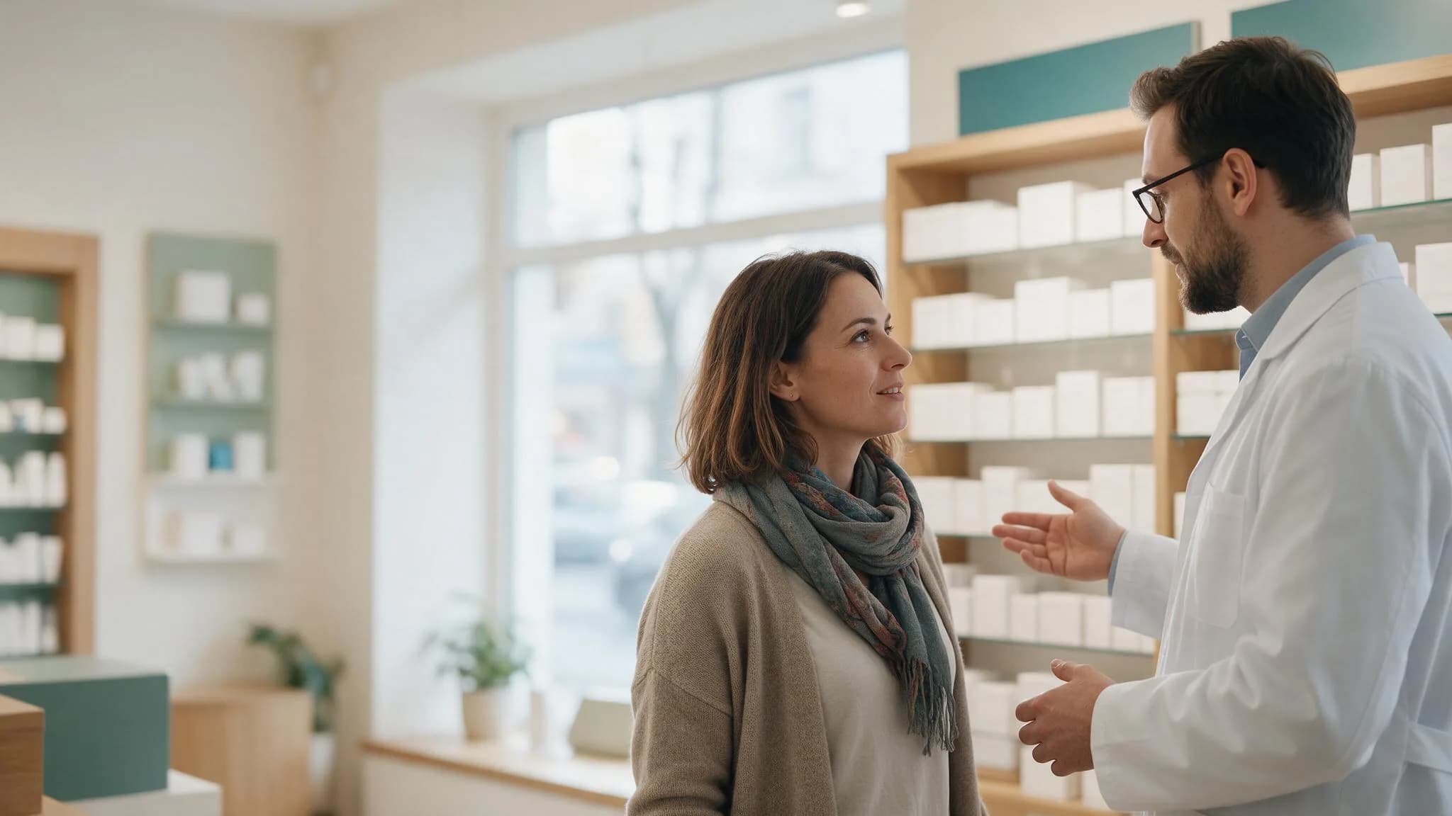 Farmaceuta doradza przeziębionej pacjentce w aptece