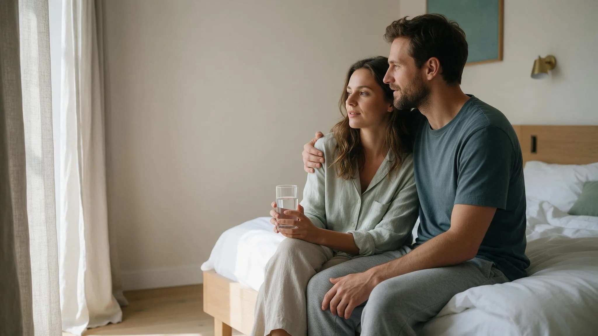 Para siedzi rano na łóżku, kobieta trzyma szklankę wody, partner ją obejmuje
